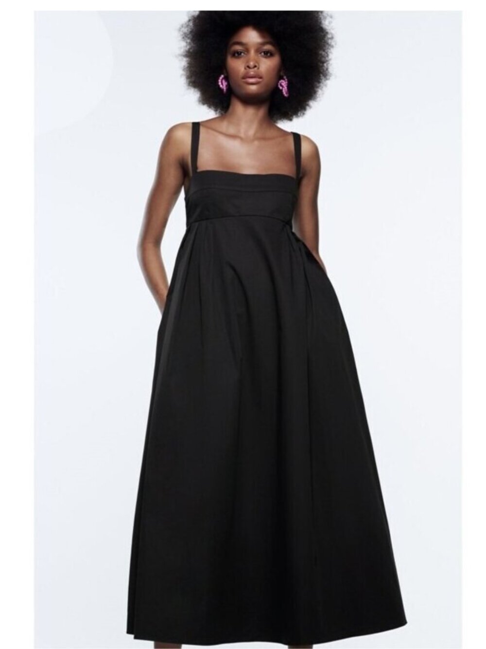 ZARA Black Cotton Poplin Midi/Maxi Dress Size S